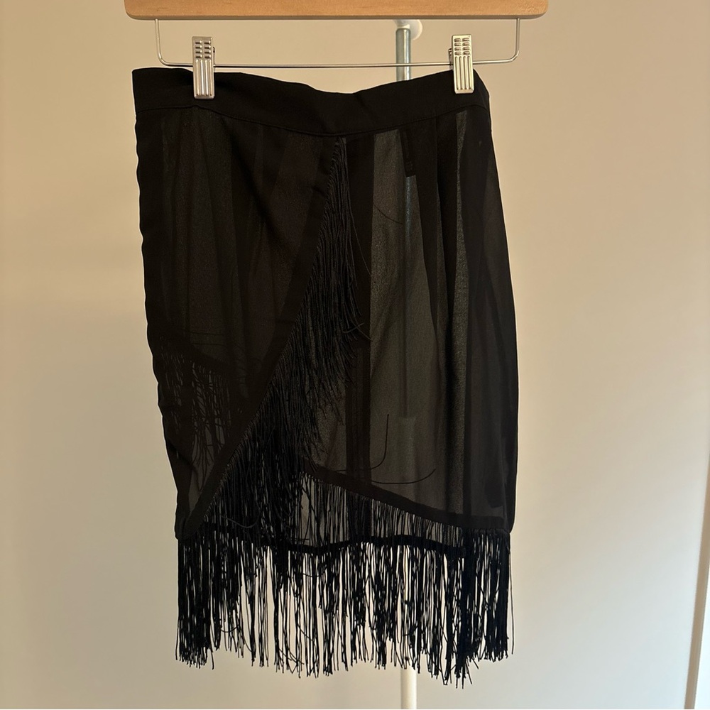 PrettyLittleThing Coverup Black Fringe Skirt - Medium